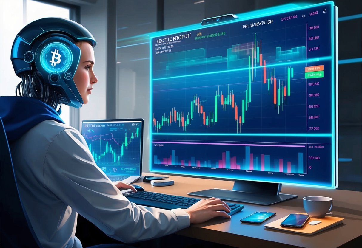 A futuristic trading bot monitors stock and crypto charts on a holographic display, generating passive income for its user