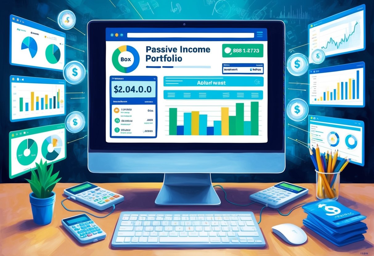 A computer screen displaying a passive income portfolio with alerts and auto-invest features set up, surrounded by financial charts and graphs