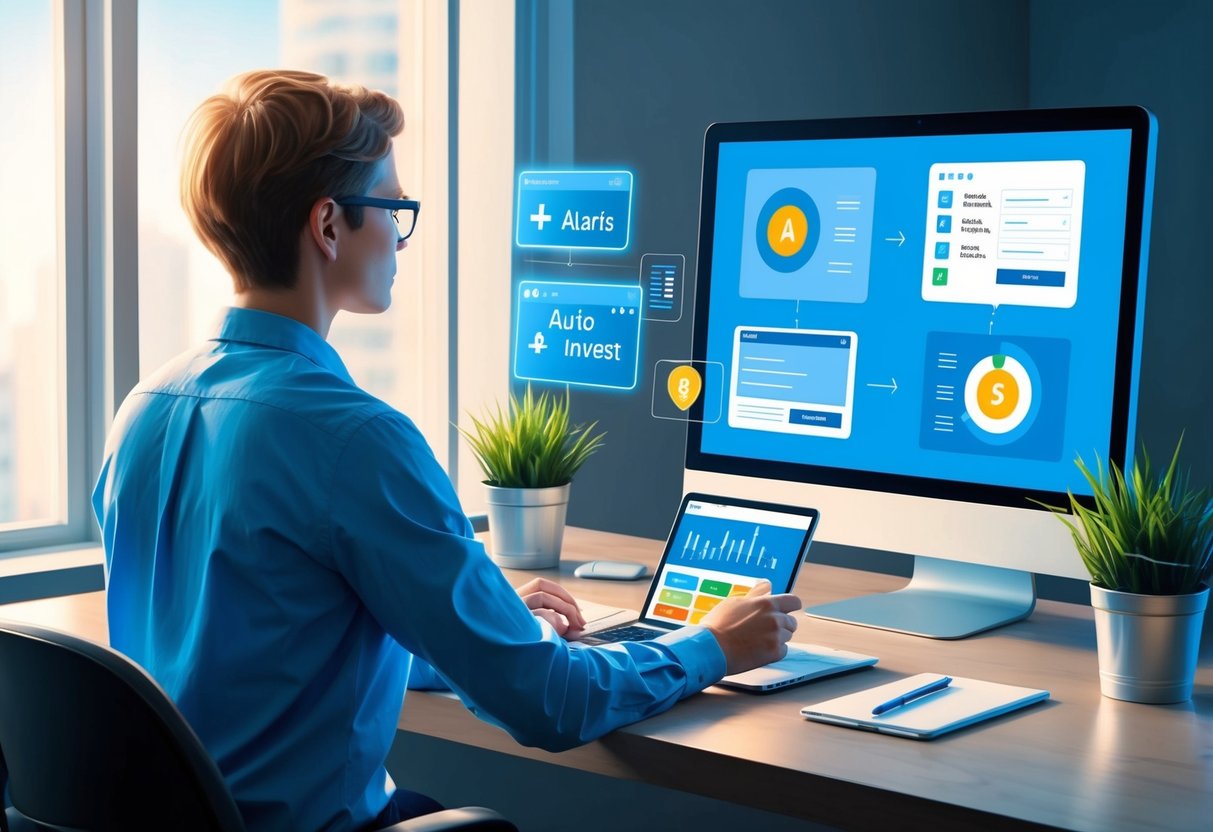 A person setting up brokerage accounts and configuring alerts and auto-invest features on a computer