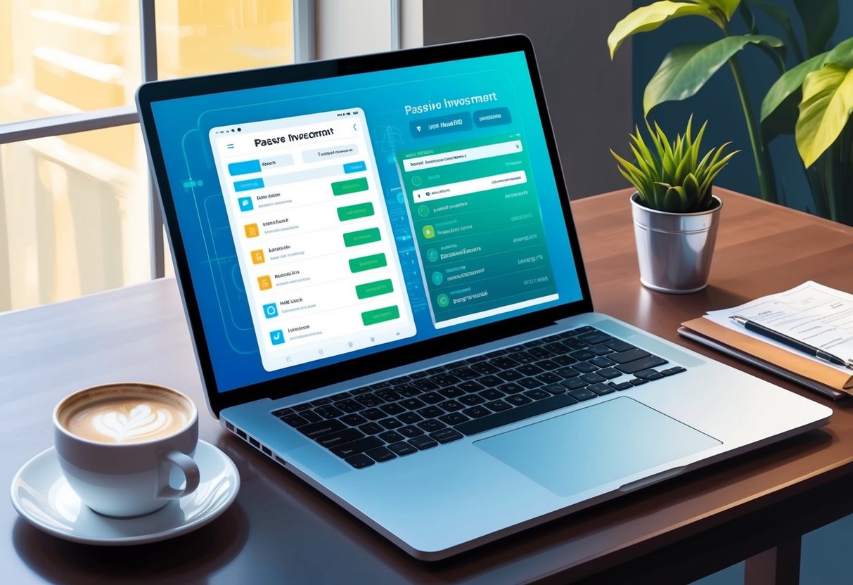A laptop open on a desk, displaying a passive investment platform with alerts and auto-invest features. A cup of coffee sits nearby