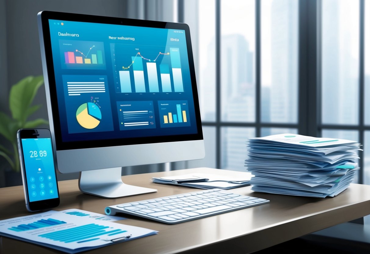 A computer screen displaying a dashboard with graphs and charts, a smartphone with notifications, and a stack of financial documents on a desk
