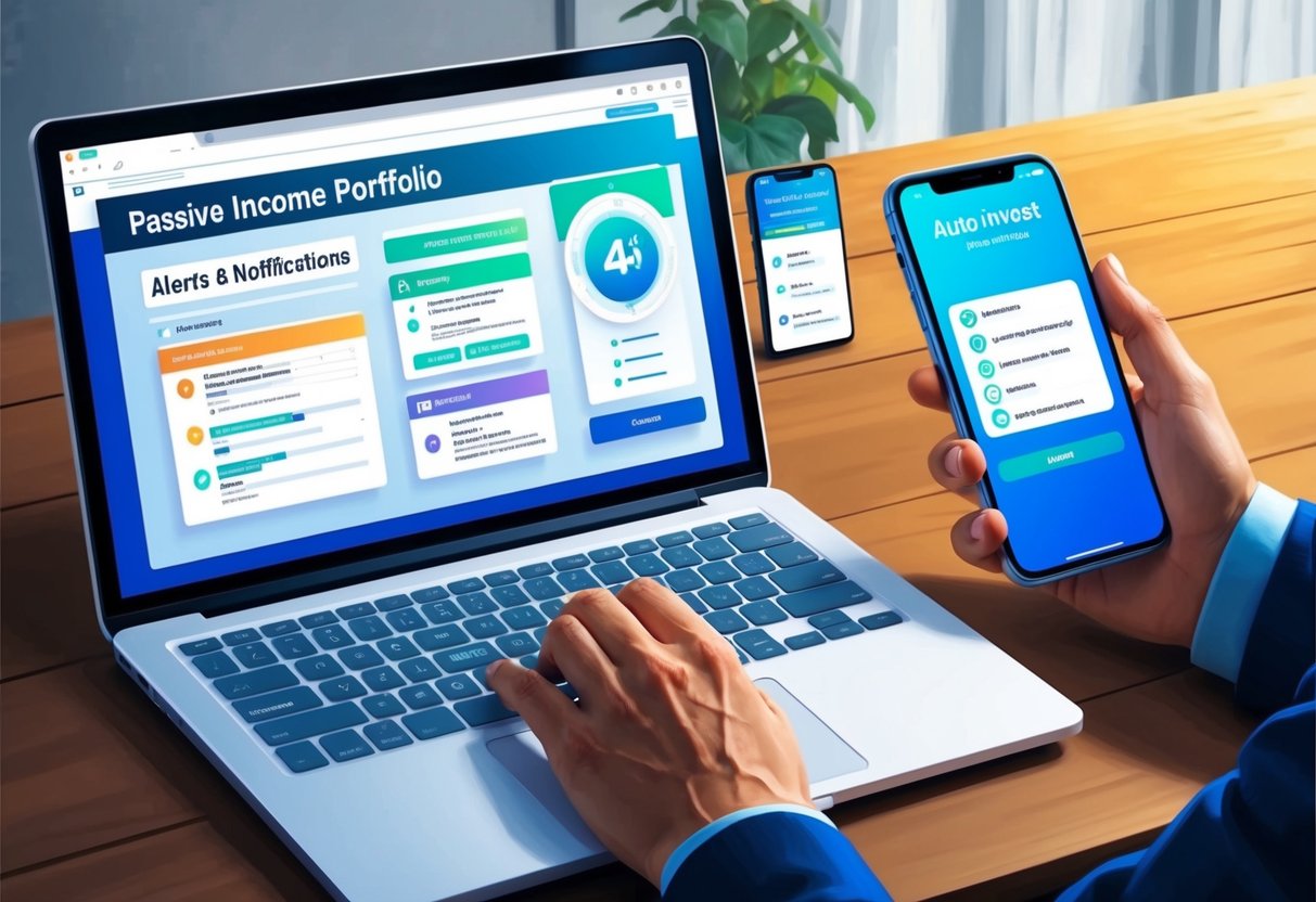 A laptop displaying a passive income portfolio with alerts and notifications settings open, alongside a mobile device with auto-invest features being set up