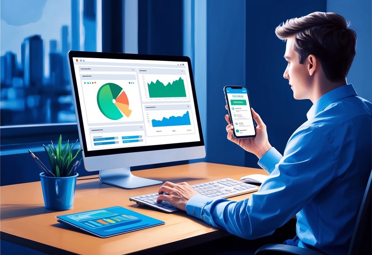 A person sitting at a desk, using a computer to allocate investments in ETFs. A smartphone is shown with alerts and auto-invest features for passive income portfolios