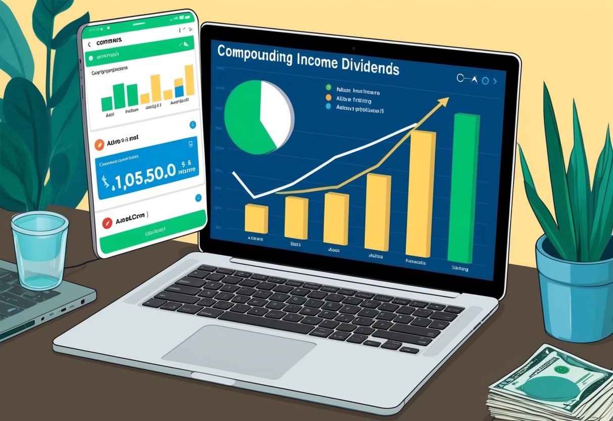 A laptop with a graph showing compounding dividends, alerts set up, and an auto-invest feature for passive income portfolios