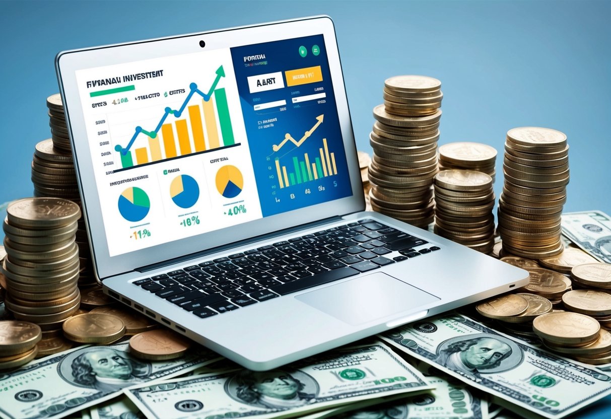 A laptop displaying a financial investment platform with graphs, alerts, and auto-invest features, surrounded by a stack of coins and dollar bills