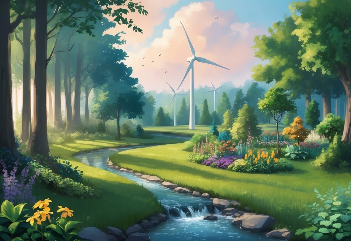 A serene forest with a flowing stream, wind turbines in the distance, and a diverse community garden