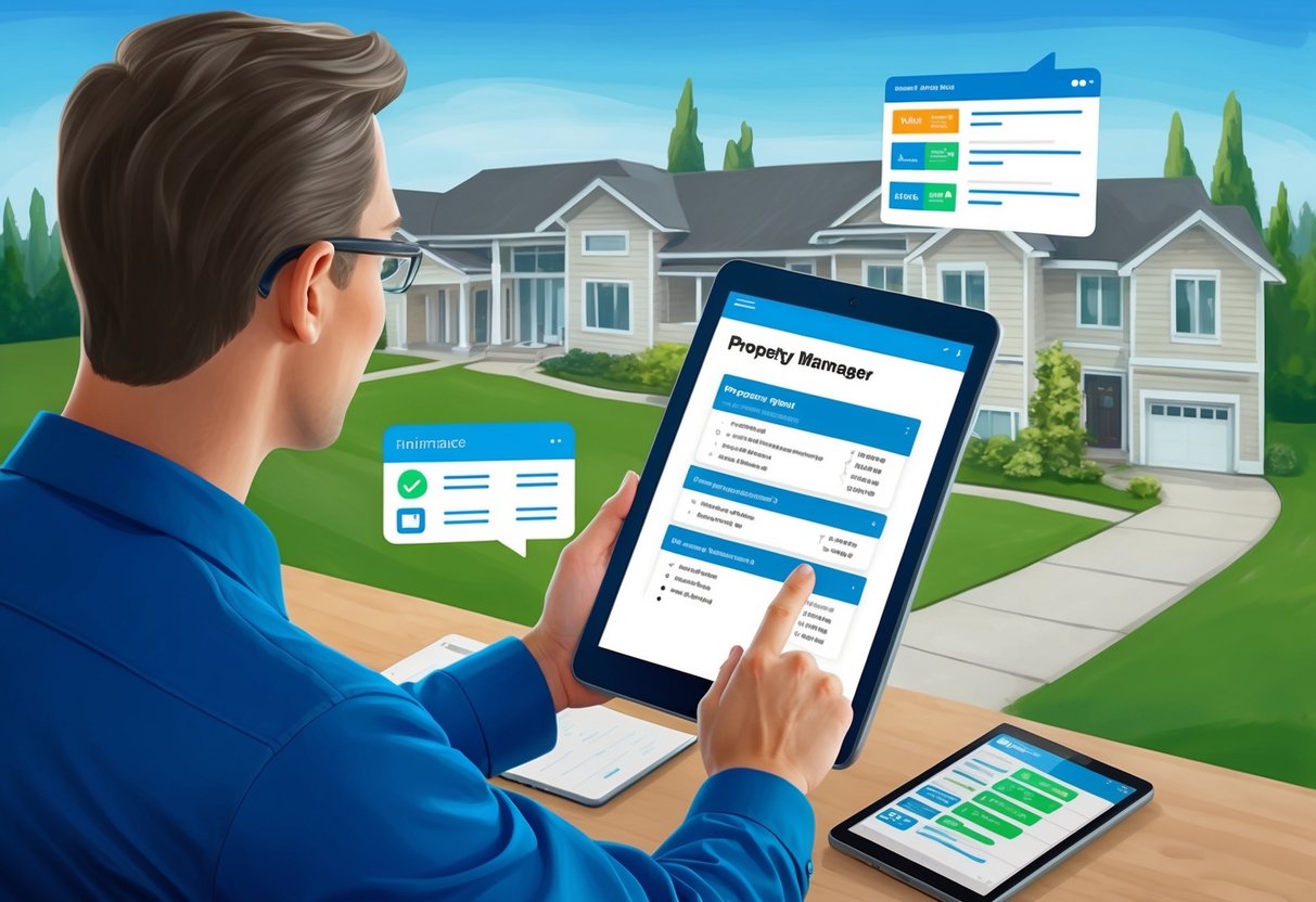 A property manager using a tablet to remotely schedule maintenance tasks for rental properties, with digital notifications and updates displayed on the screen