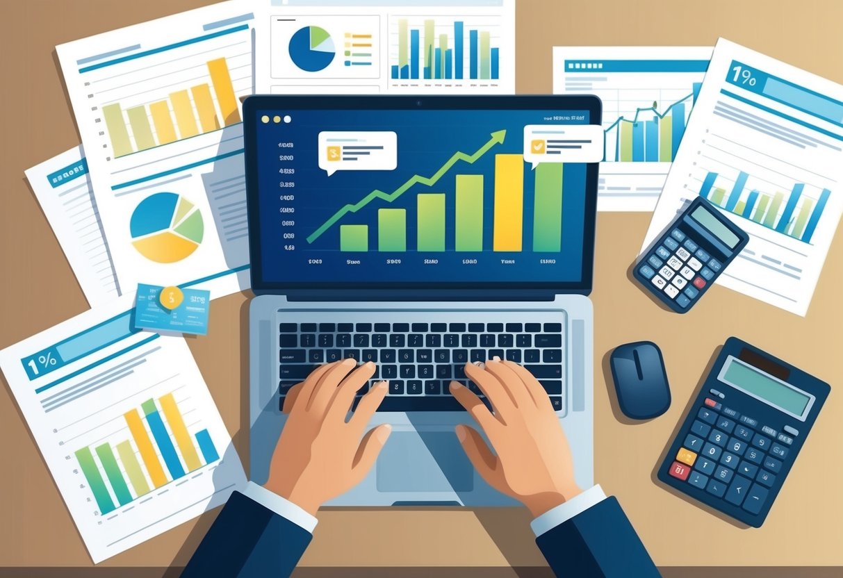 A desk with a laptop and charts, surrounded by financial documents and a calculator. Graphs show growth over time. Notifications pop up on the screen