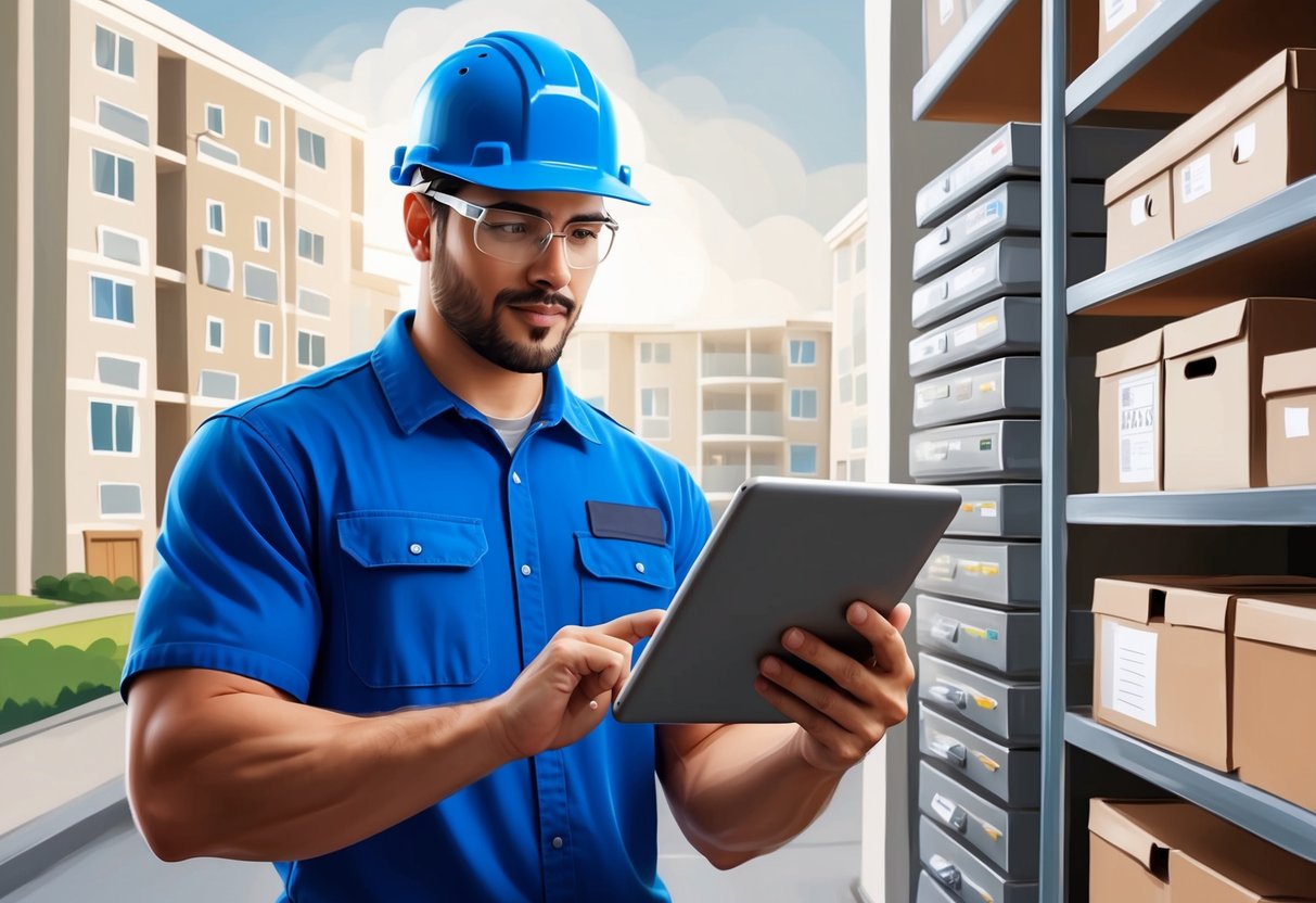A maintenance worker using a tablet to schedule repairs and track inventory in a rental property