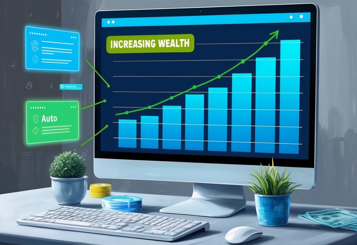 A computer screen displaying a graph of increasing wealth, with alerts and auto-invest features highlighted