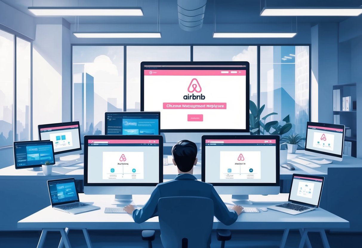 A modern office with computers and screens displaying Airbnb channel management software in action