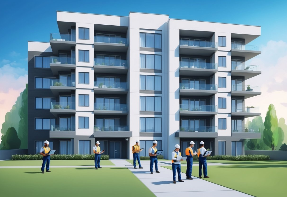 A modern apartment building with maintenance workers using tablets to track and manage property maintenance tasks