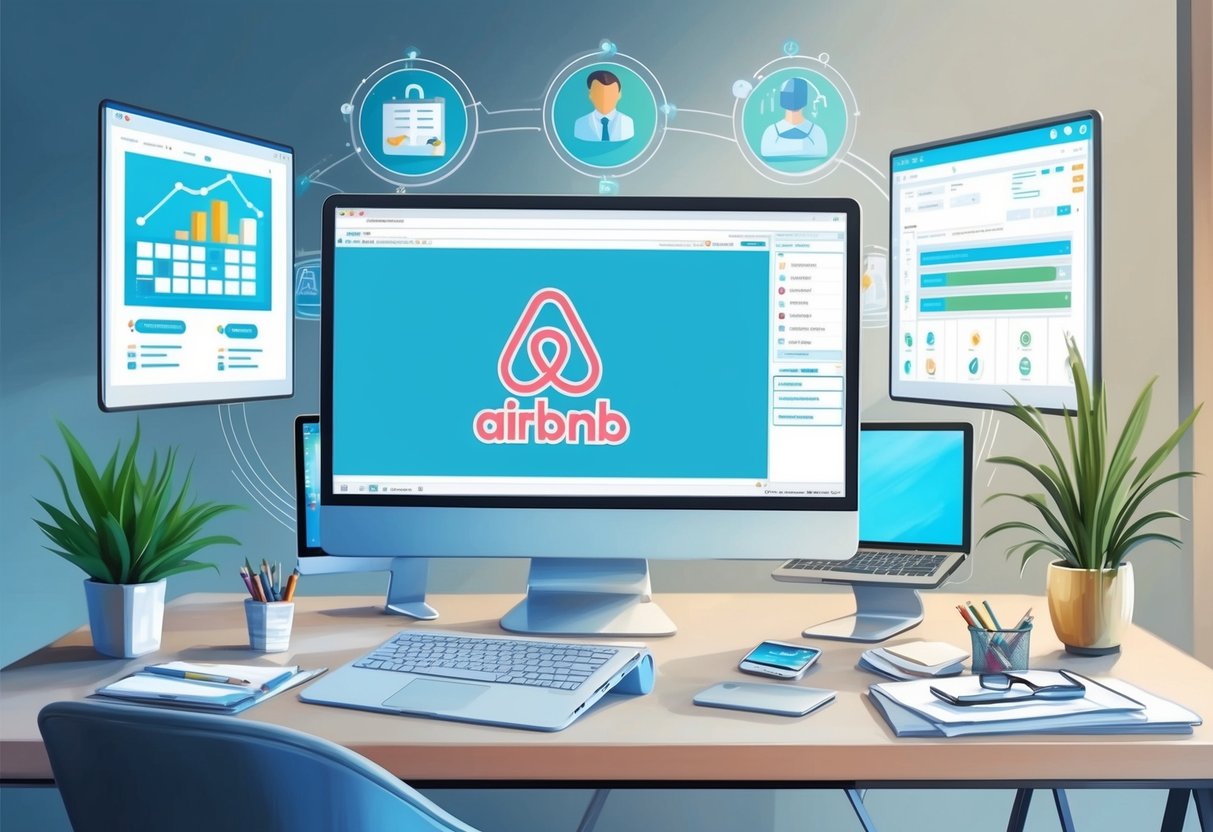 A modern office desk with a computer screen displaying property management software and Airbnb's logo, surrounded by automation and channel management icons