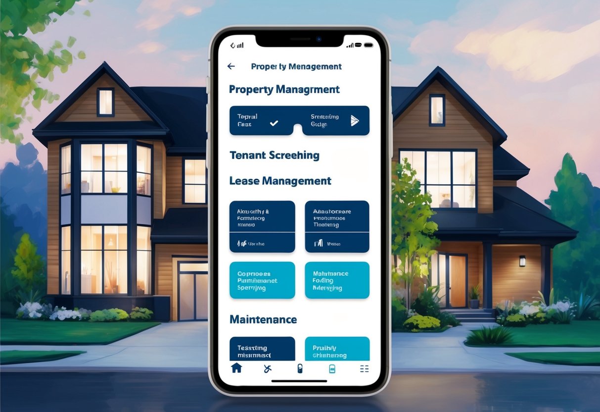 A modern smartphone displaying a property management app with features for tenant screening, lease management, and maintenance tracking