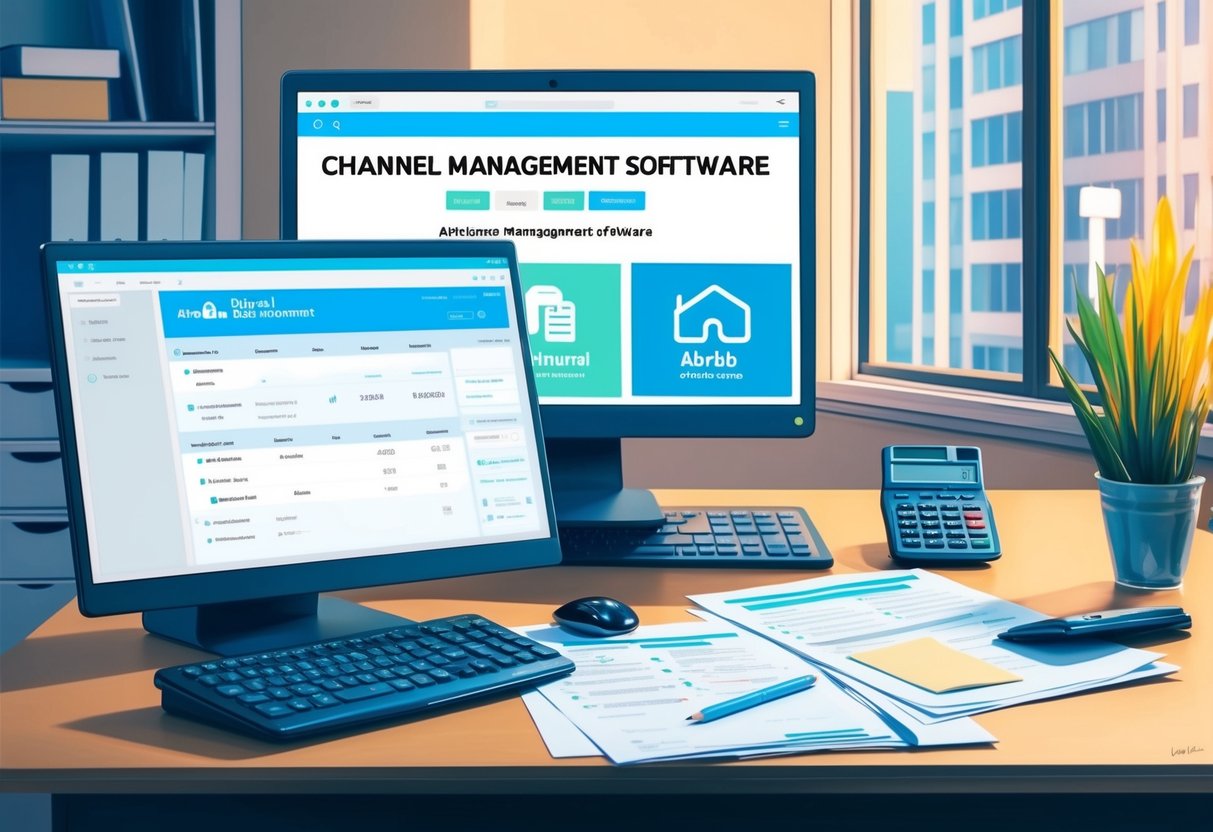 An office desk with a computer screen displaying channel management software for Airbnb, alongside financial documents and a calculator