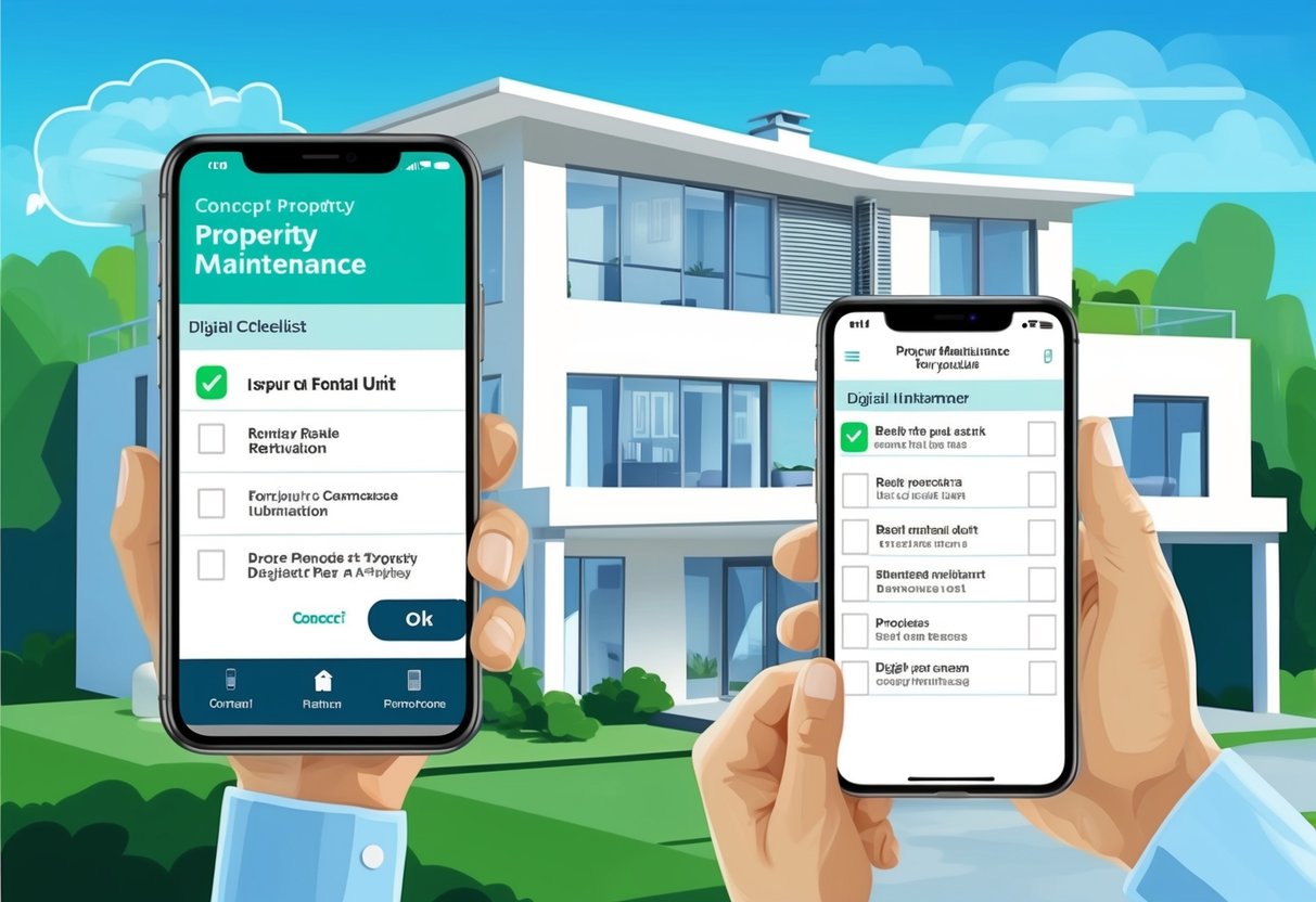 A modern property maintenance app displays a digital checklist for inspecting a rental unit, with a smartphone and tablet connected to a cloud-based system