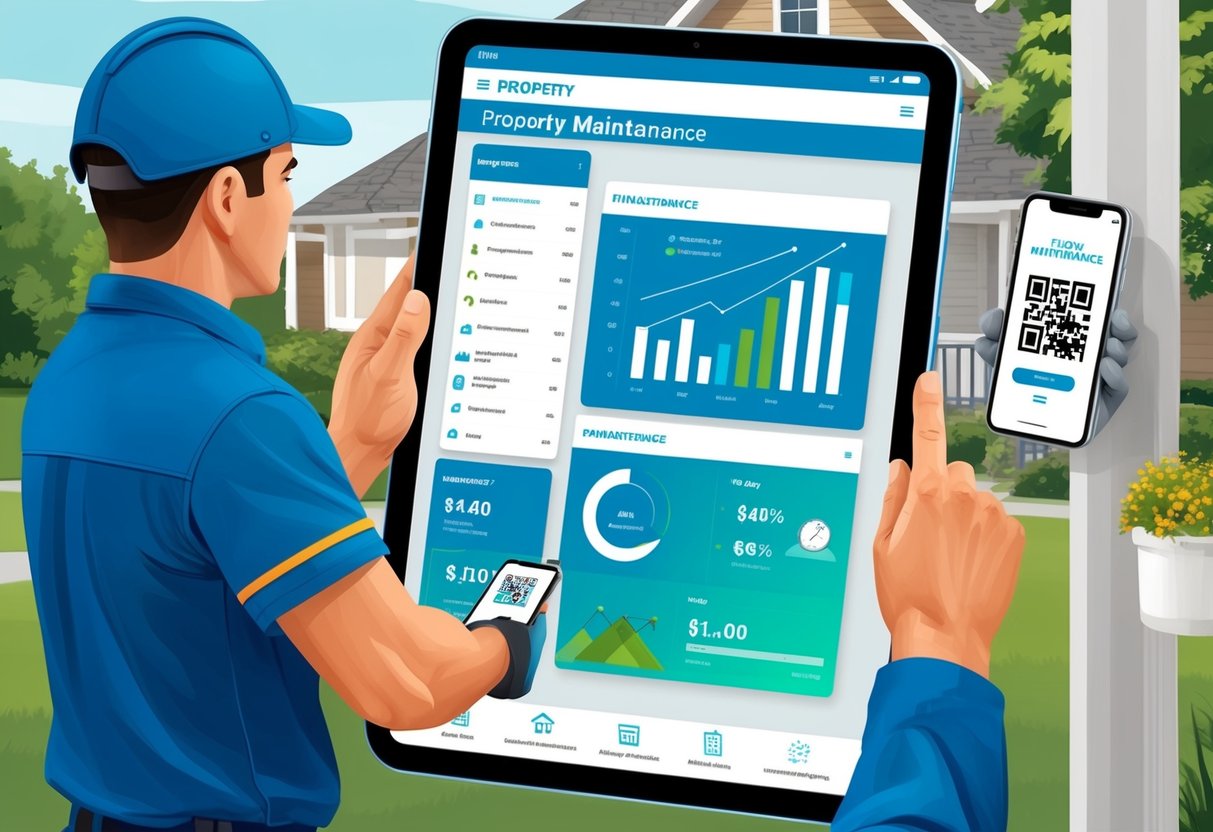 A tablet displaying a property maintenance app with financial charts and reporting tools. A maintenance worker uses a smartphone to scan a QR code on a rental property to access maintenance requests and updates