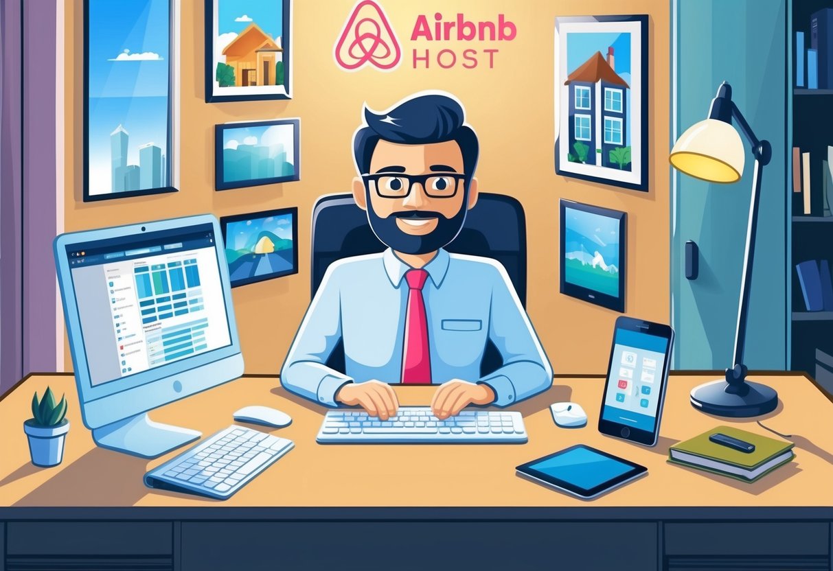 An Airbnb host sits at a desk, surrounded by a computer, tablet, and smartphone. Channel management software automates bookings across multiple platforms