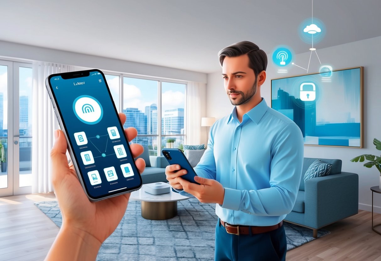 A landlord using a smartphone app to remotely control smart thermostats, security cameras, and digital locks in a modern rental property