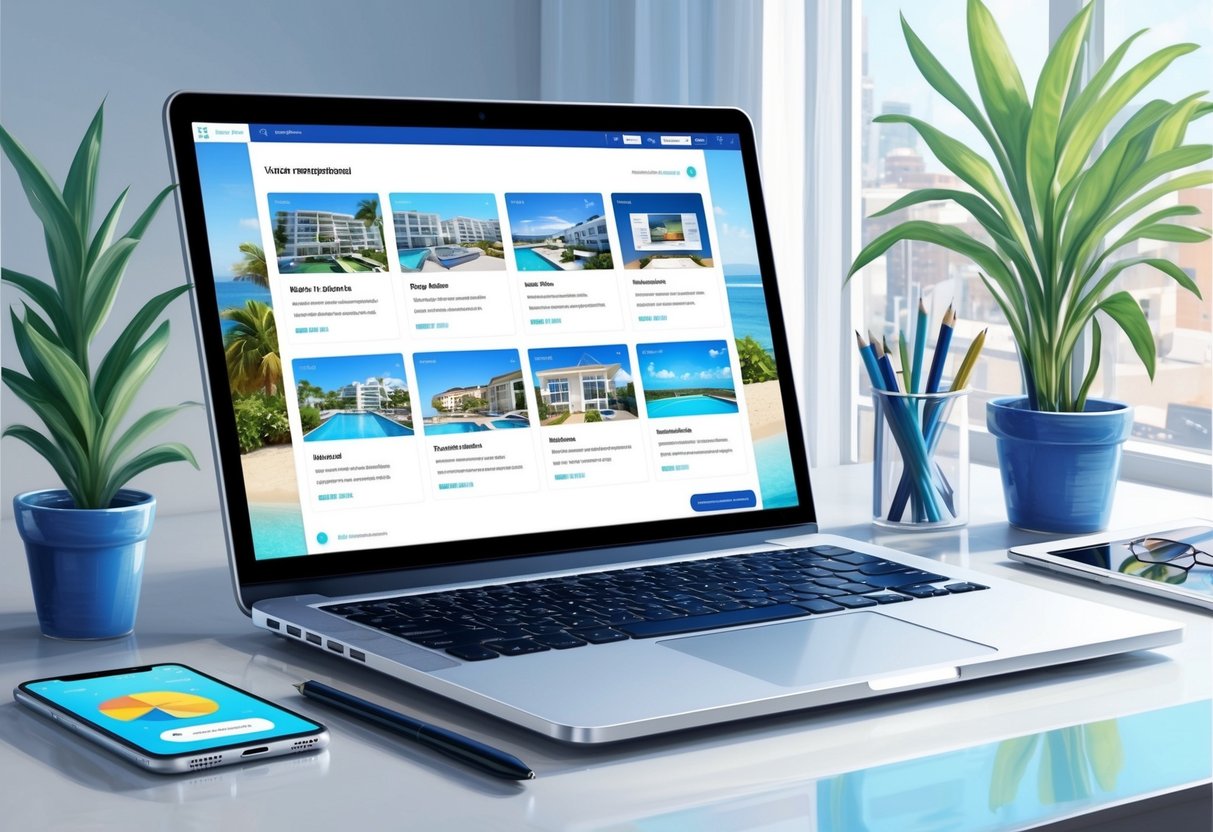A laptop displaying various vacation rental platforms, with channel management software interface and automated operations