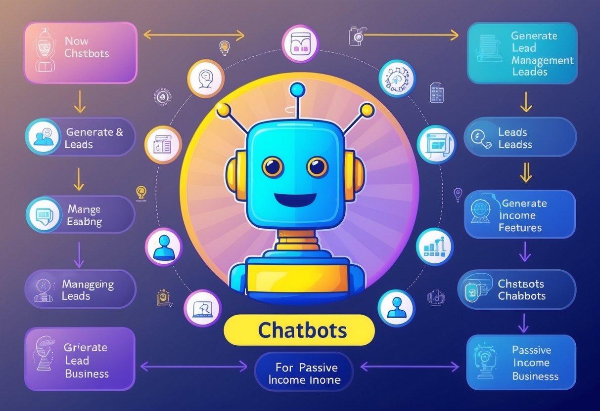 A vibrant chatbot surrounded by various icons representing lead management features, with a flowchart showing how chatbots generate and manage leads for passive income businesses