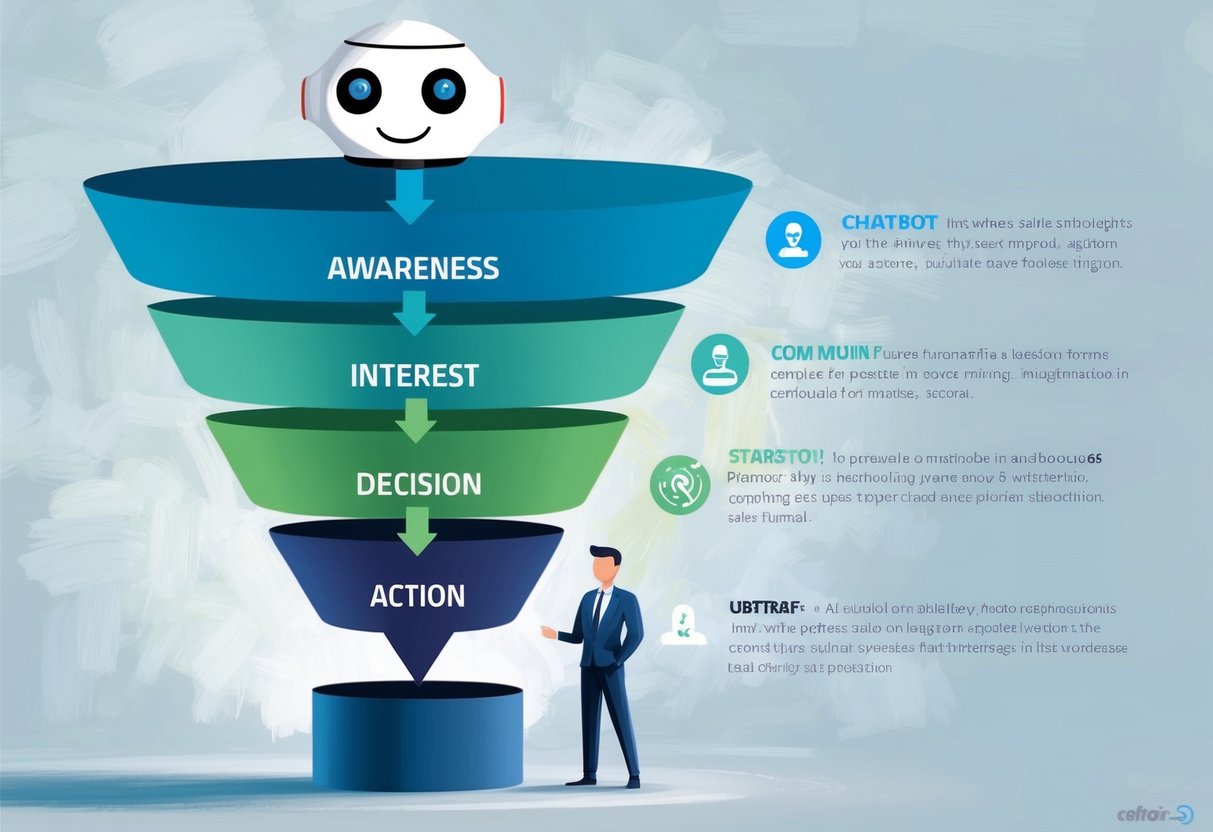 A chatbot guiding potential leads through a sales funnel, with different stages represented visually, such as awareness, interest, decision, and action