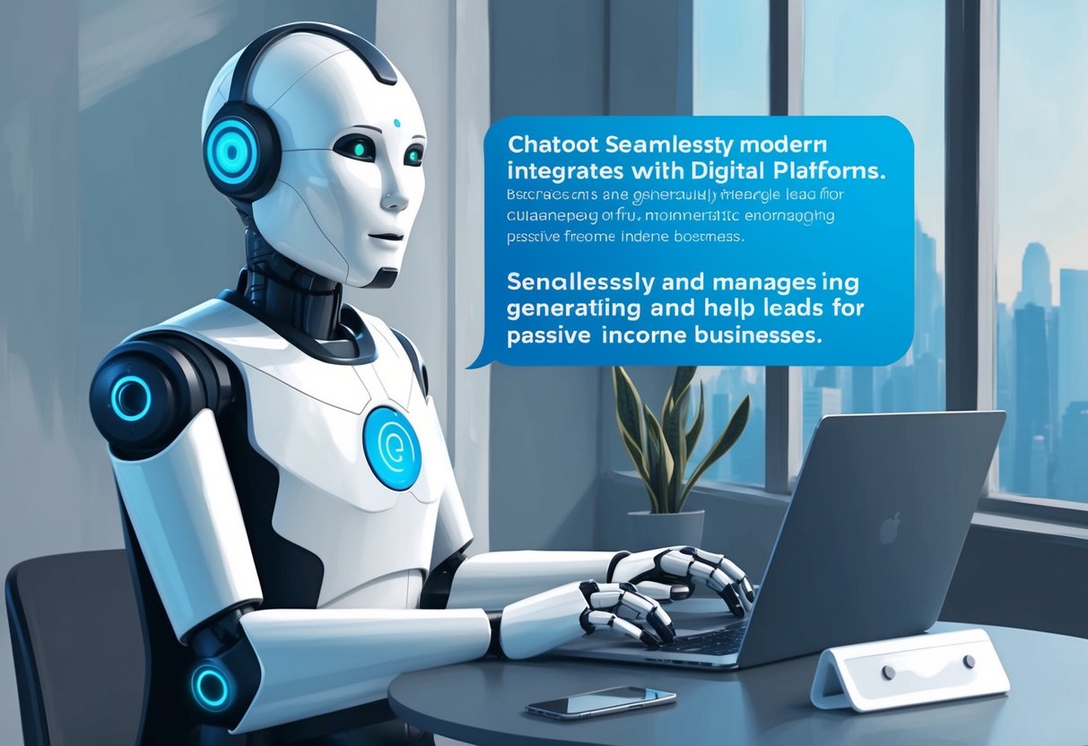 A sleek, modern chatbot interface seamlessly integrates with various digital platforms, effortlessly generating and managing leads for passive income businesses