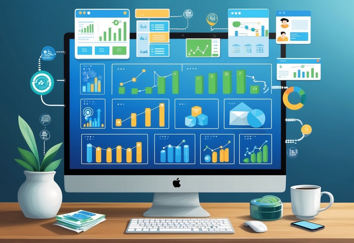 A computer screen displaying a series of interconnected email marketing automation processes, with various graphs and charts showing growth and scalability