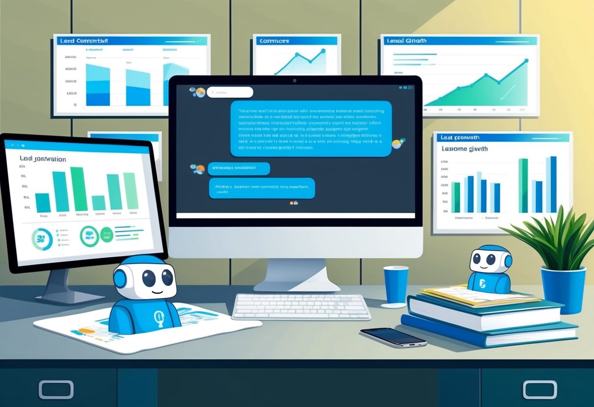 A modern office setting with a computer screen displaying a chatbot conversation, surrounded by charts and graphs showing lead generation and income growth