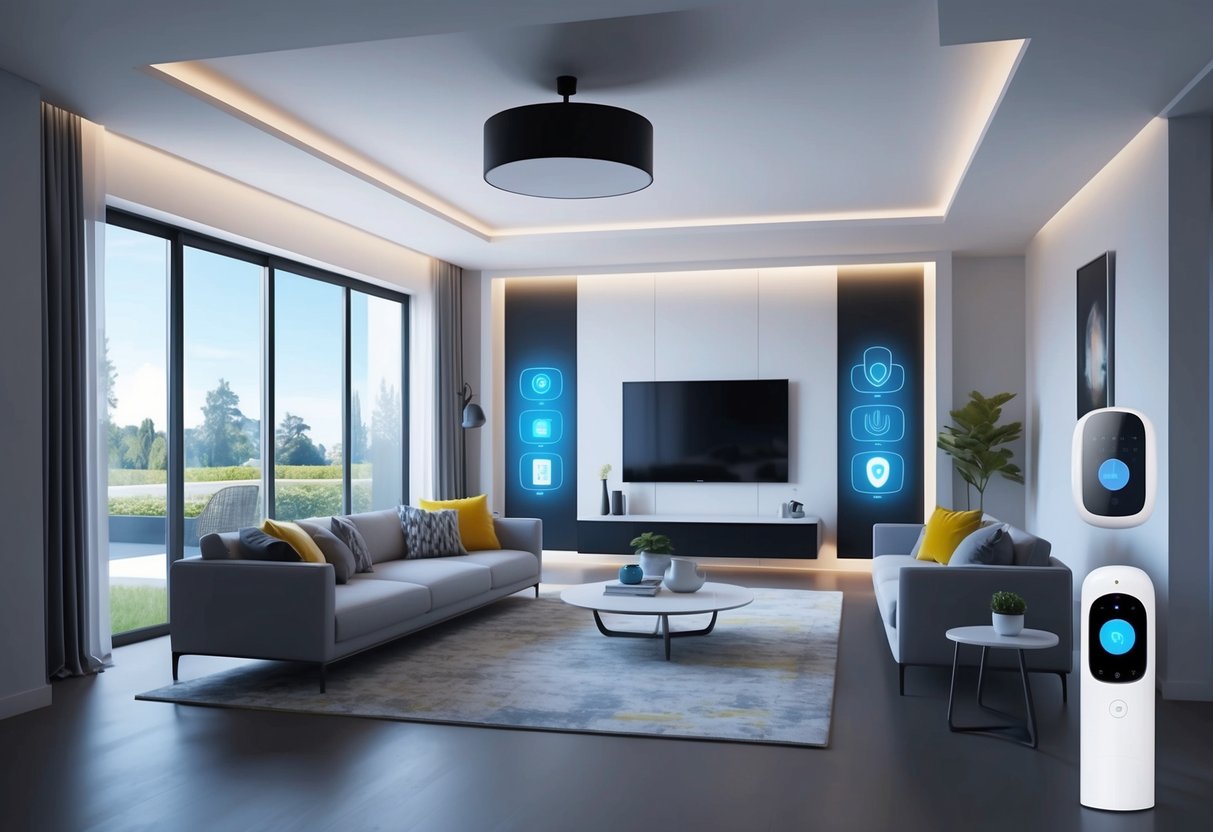 A modern, well-equipped home with automated devices and technology, including smart thermostats, lighting, security cameras, and voice-controlled assistants