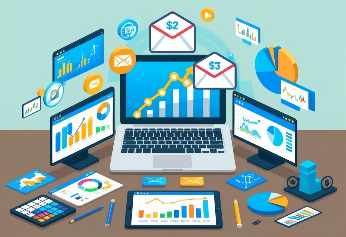 A laptop surrounded by various marketing tools and graphs, with email icons floating above, representing the concept of automating email marketing for passive income growth