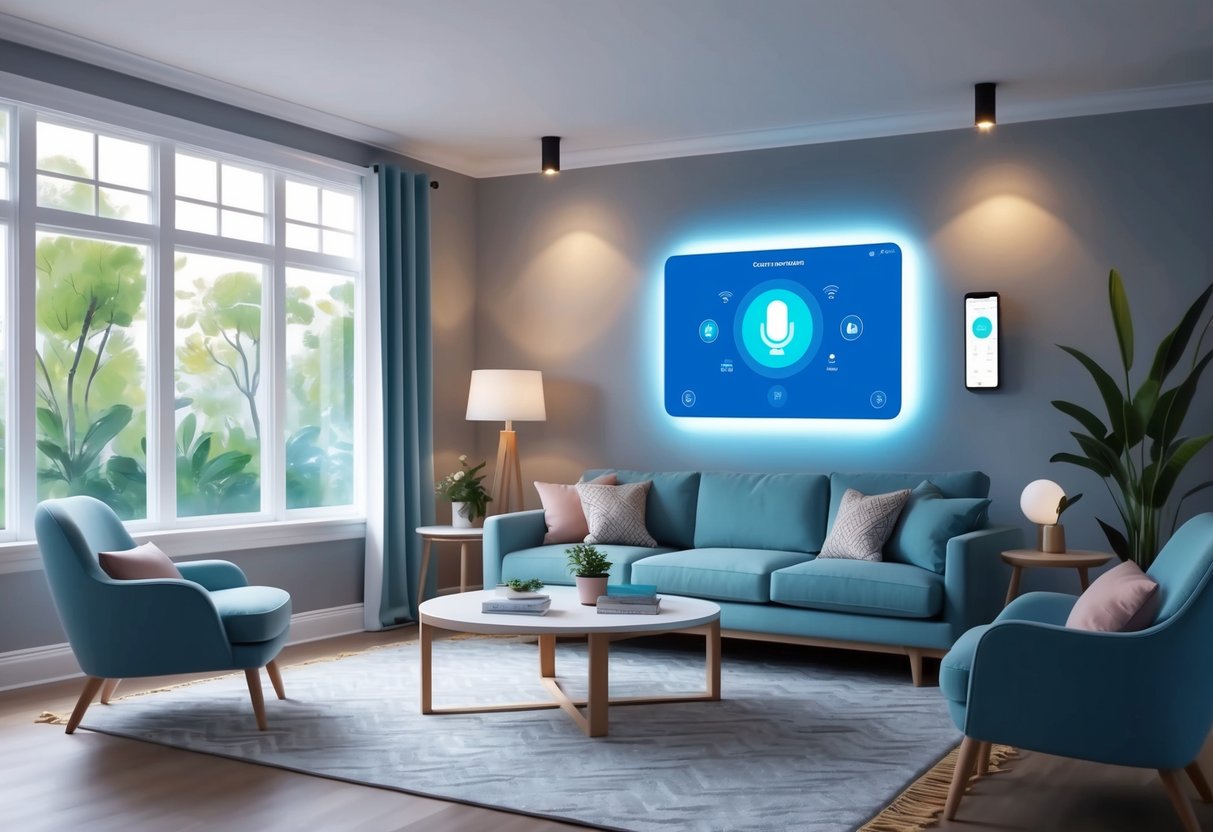 A cozy living room with modern smart home devices, including a voice-activated assistant, smart thermostat, and automated lighting