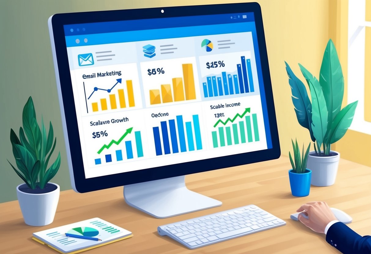 A computer screen displaying various email marketing software options with graphs showing scalable income growth