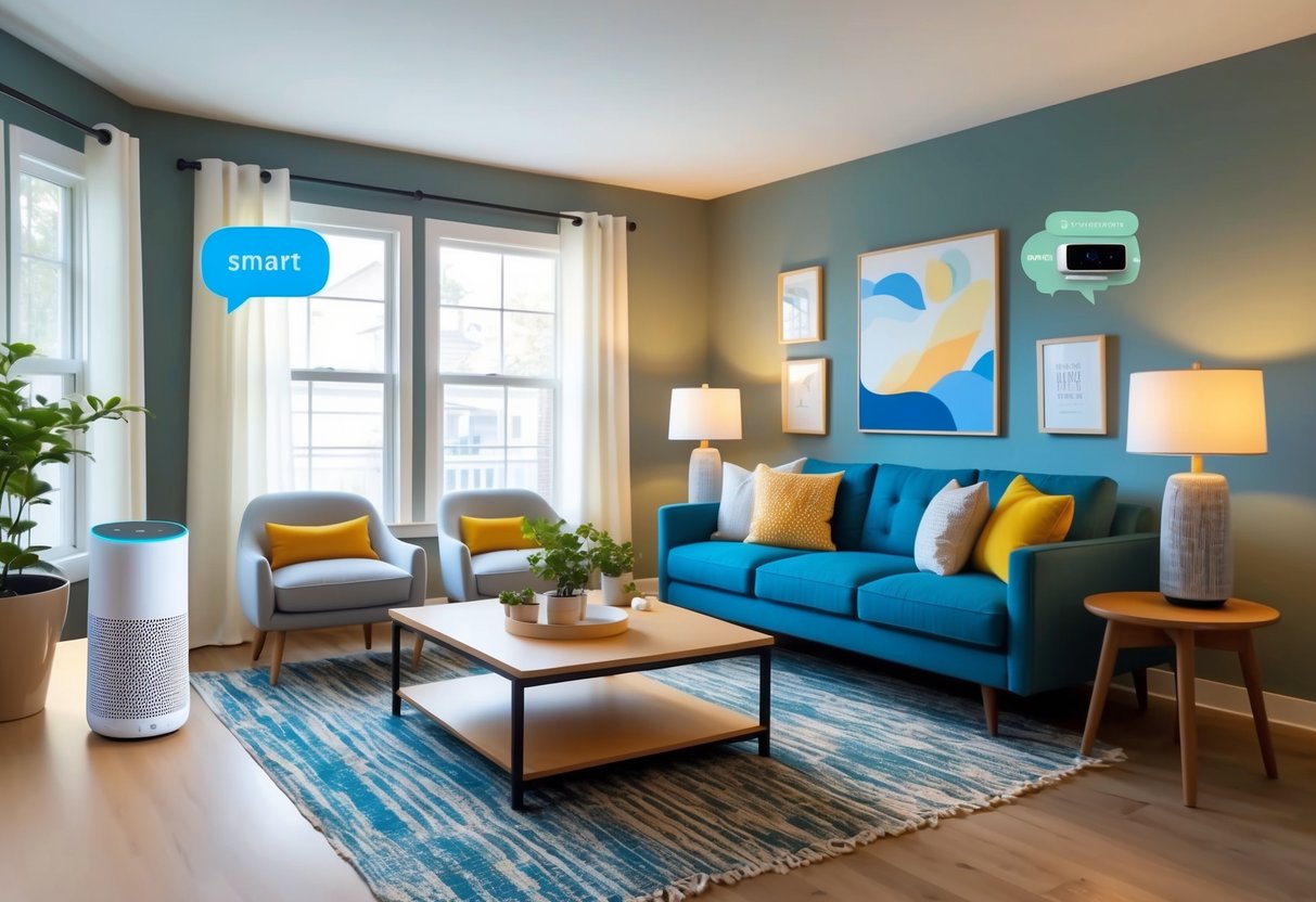 A cozy living room with smart home devices, such as a voice-controlled speaker, smart thermostat, and automated lighting, creating a comfortable and convenient environment for short-term rental guests