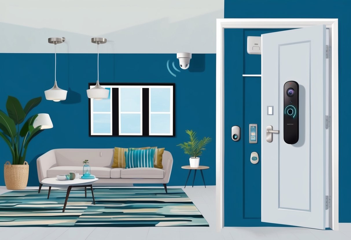 A modern smart home with security cameras, motion sensors, and smart locks on the doors, providing peace of mind for short-term rental guests