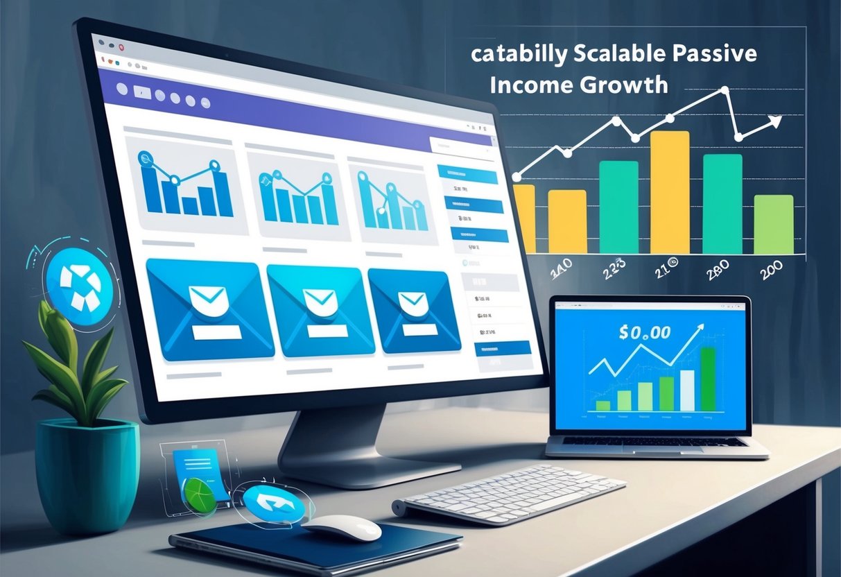 A computer screen displaying a series of automated email marketing campaigns, with charts showing scalable passive income growth in the background