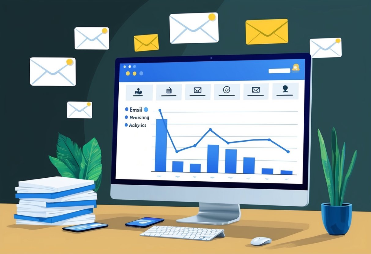 A computer screen displaying a graph of email marketing analytics, with a series of automated emails being sent out in the background