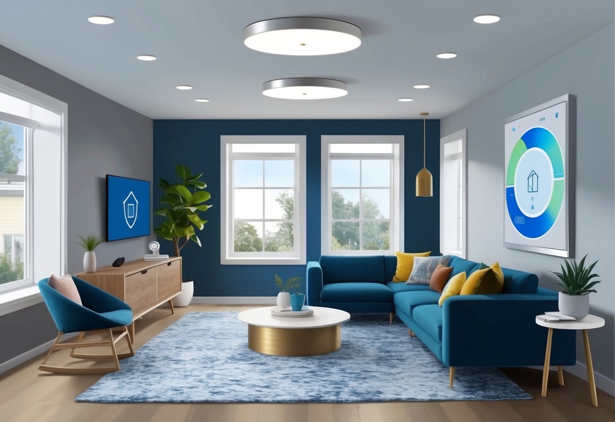 A modern smart home with automated lights, thermostat, and security system, featuring keyless entry and voice-controlled appliances for short-term rental success
