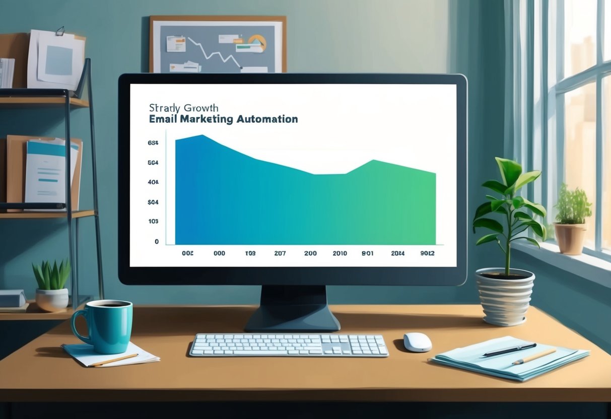 An office desk with a computer, coffee mug, and plant. A graph showing steady growth in email marketing automation