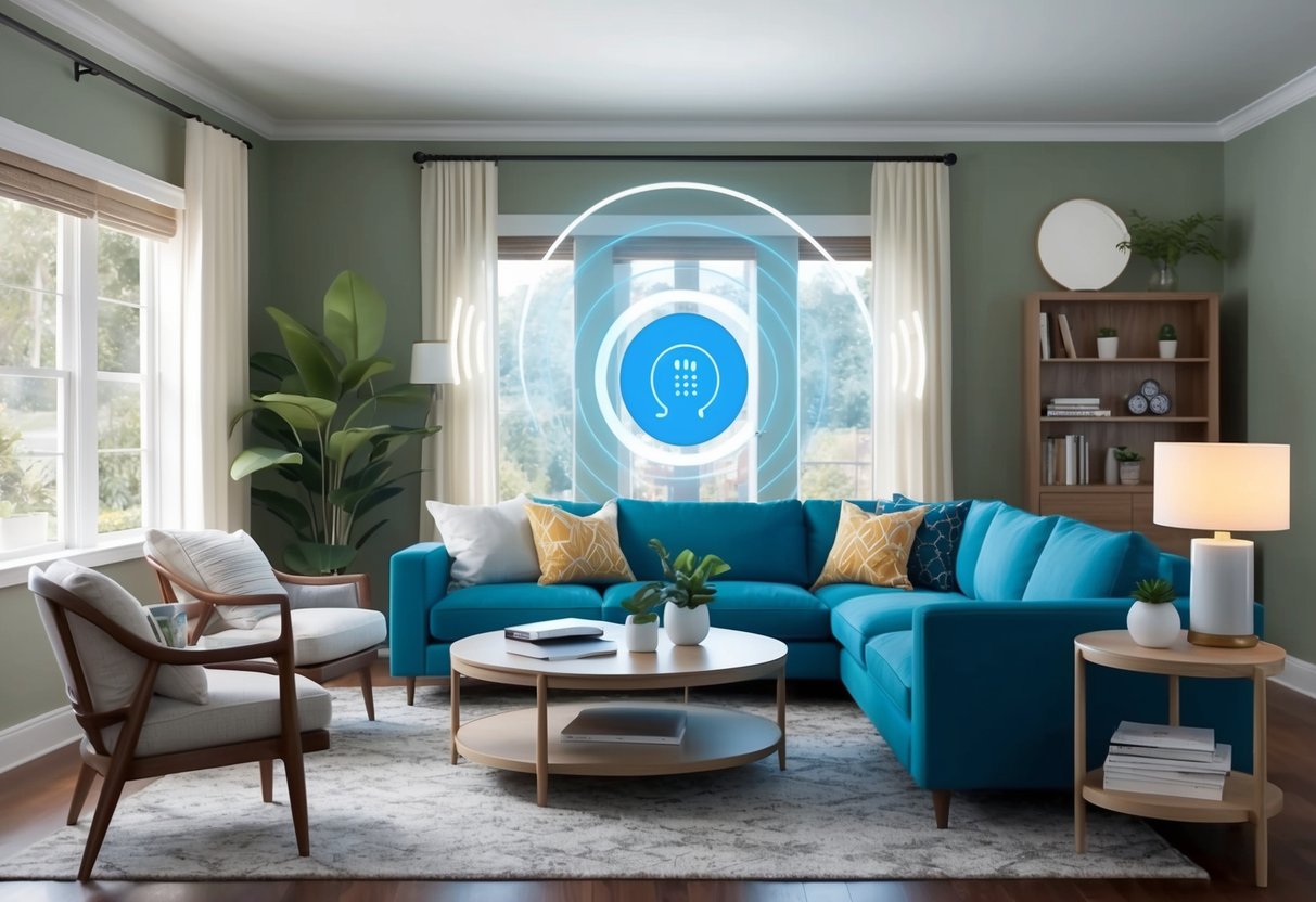 A cozy living room with smart technology seamlessly integrated into the space, including voice-activated controls, smart lighting, and automated temperature settings