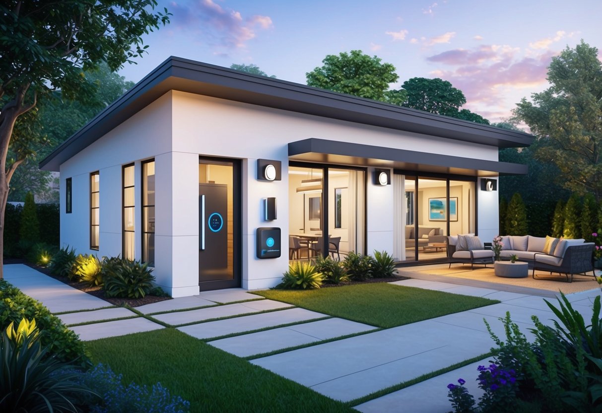 A modern smart home with keyless entry, automated lighting, and climate control, surrounded by lush landscaping and a welcoming outdoor seating area