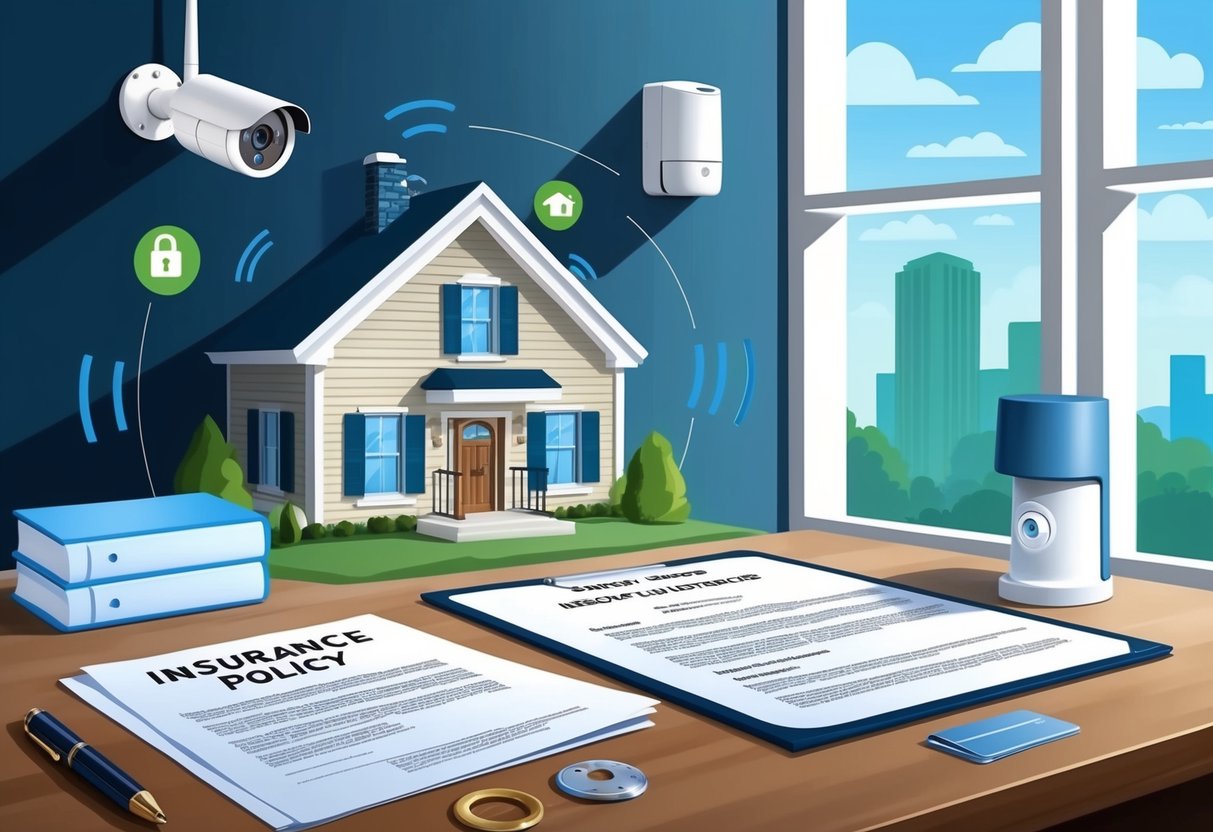 A smart home with security cameras, smart locks, and smoke detectors. Insurance policy documents and legal contracts on a desk