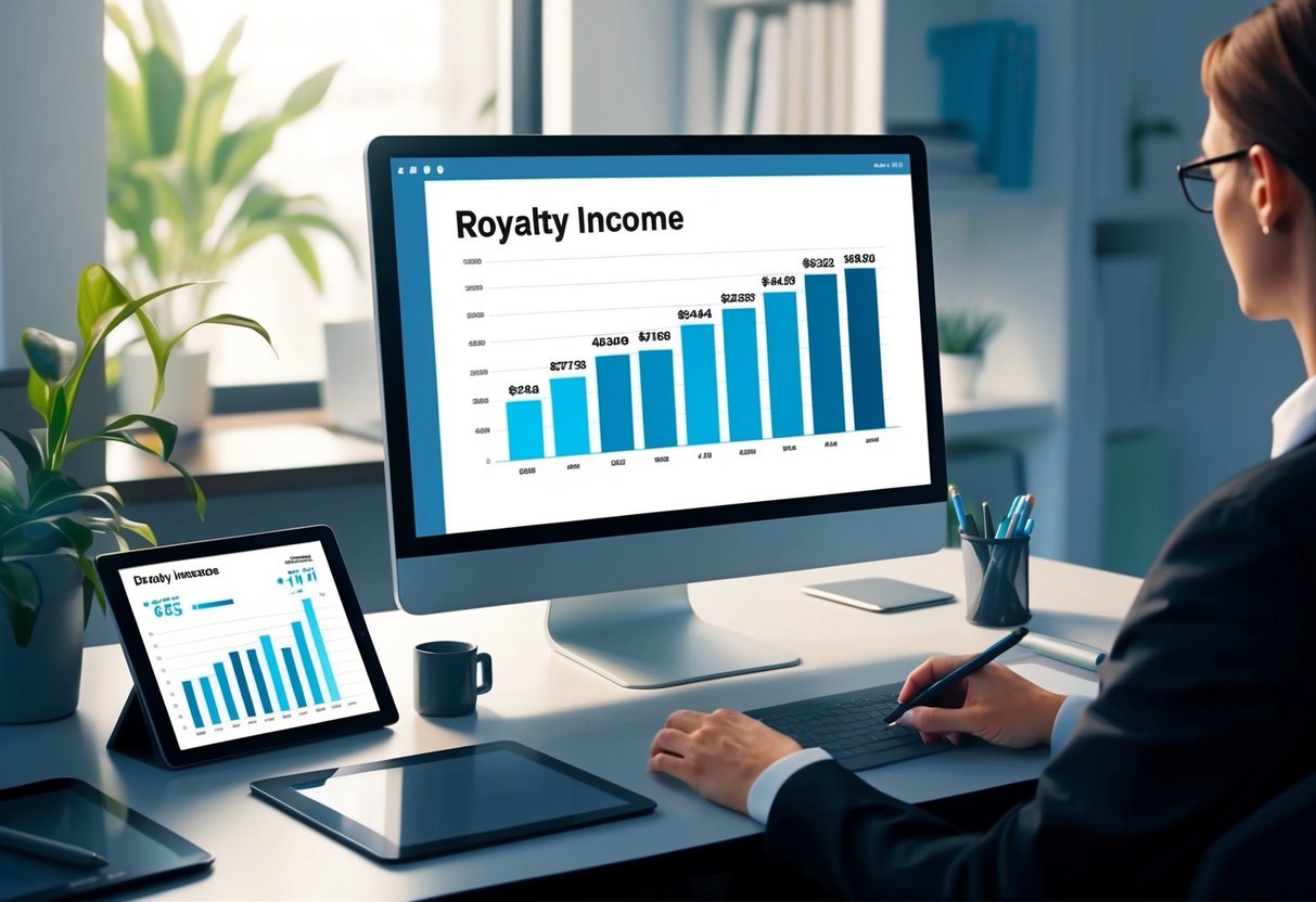 A sleek, modern computer screen displays a detailed graph of royalty income data, surrounded by a clutter-free desk with a tablet and pen