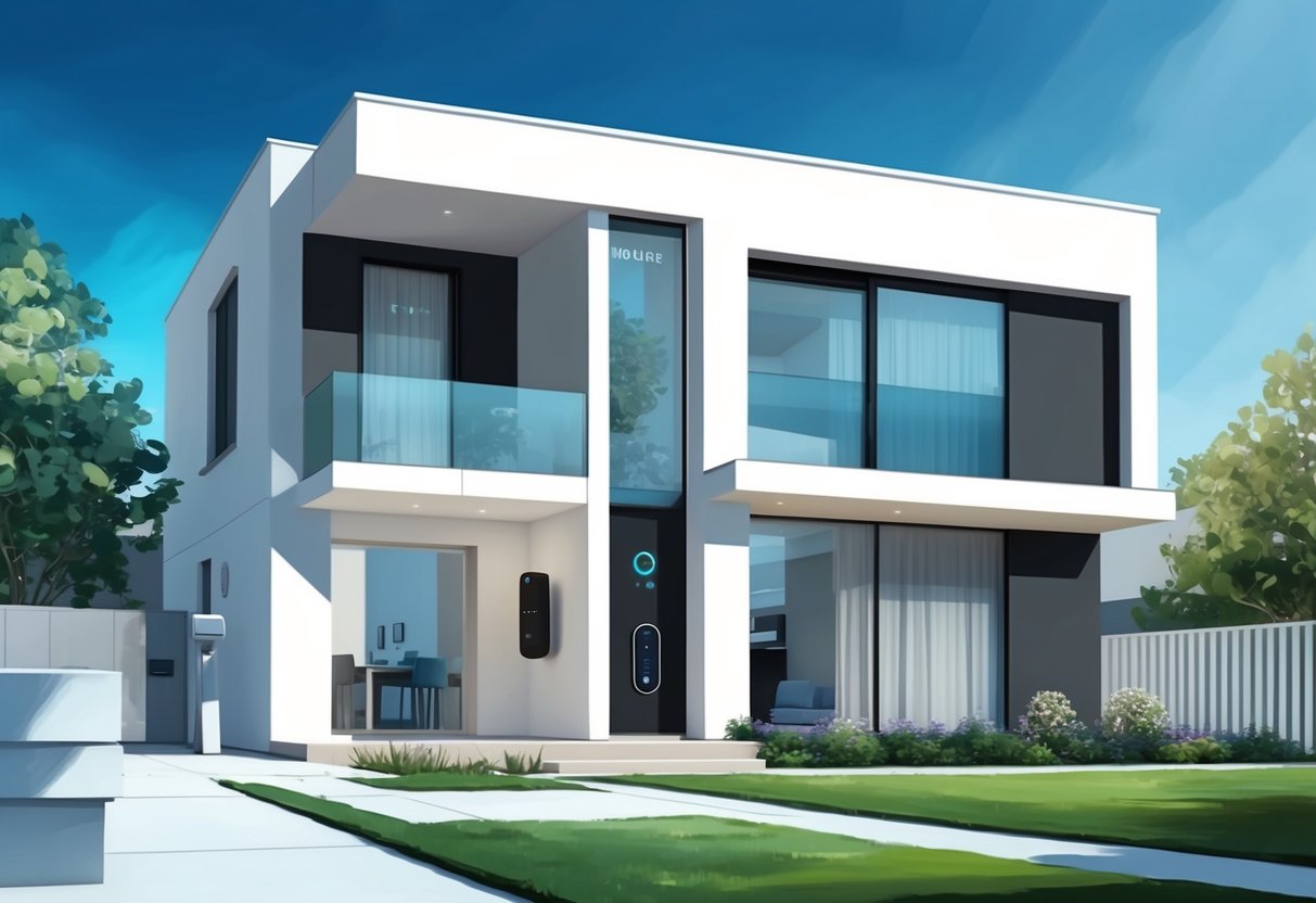 A modern smart home with keyless entry, automated lighting, and temperature control. Outdoor security cameras and a central monitoring system