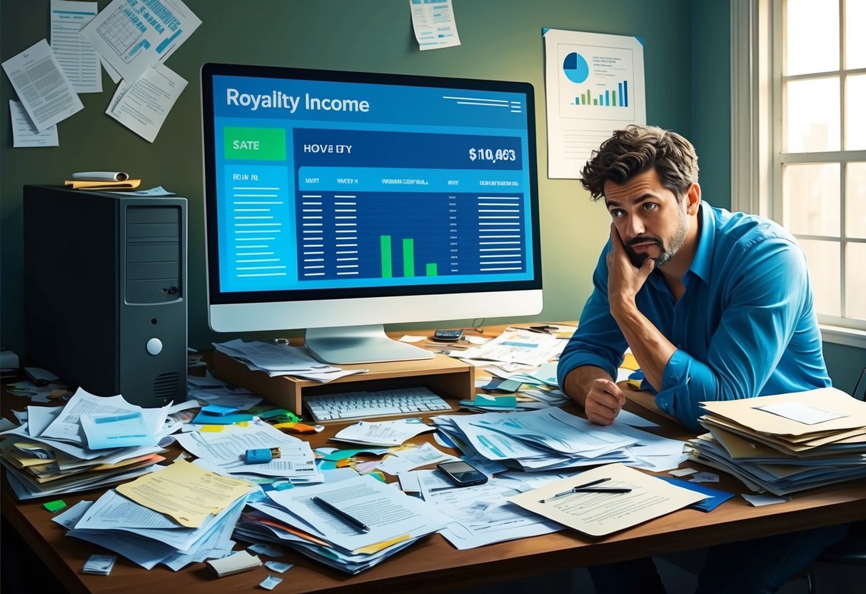 A cluttered desk with scattered paperwork, a computer screen displaying royalty income data, and a frustrated artist staring at the mess
