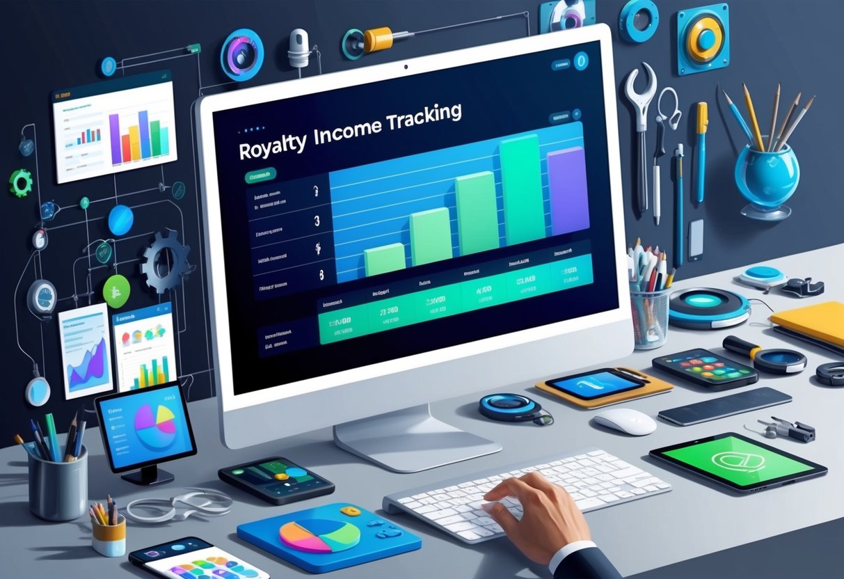 A modern, sleek computer screen displaying a detailed royalty income tracking dashboard, surrounded by various creative tools and gadgets