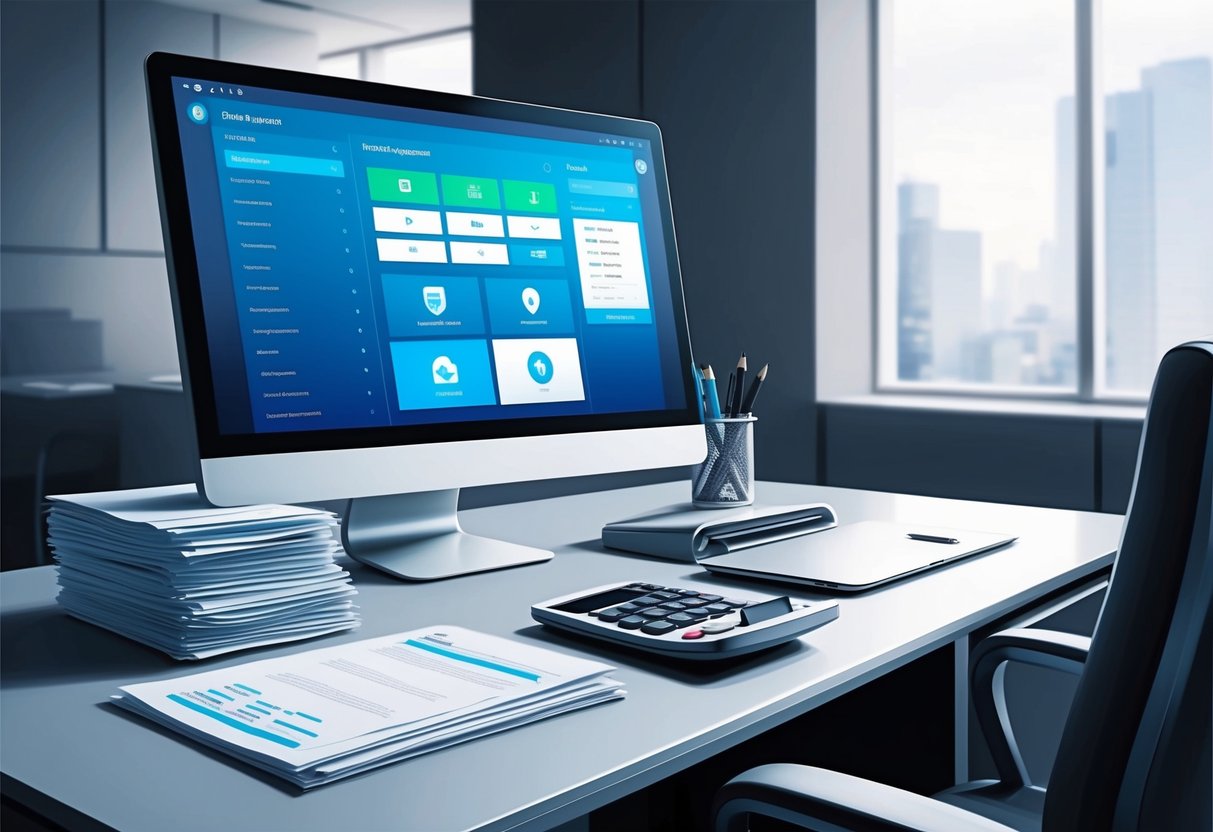 A sleek, modern office desk with a computer screen displaying a royalty management software dashboard. A stack of paperwork and a calculator sit beside it