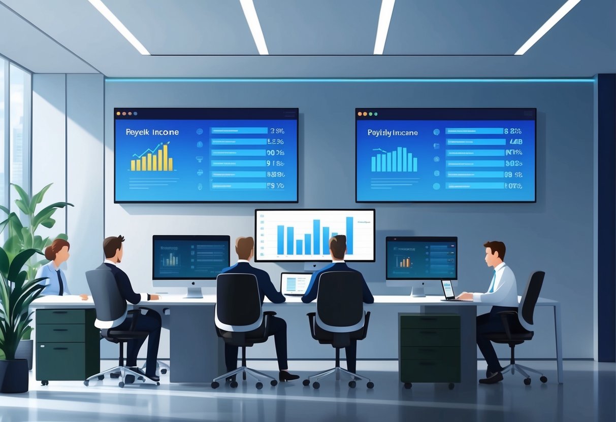A sleek, modern office with computer screens displaying royalty income data and a team of professionals working on automating operations