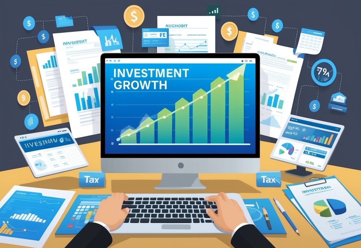 A computer screen displaying a graph of investment growth, surrounded by financial documents and automated tax planning tools