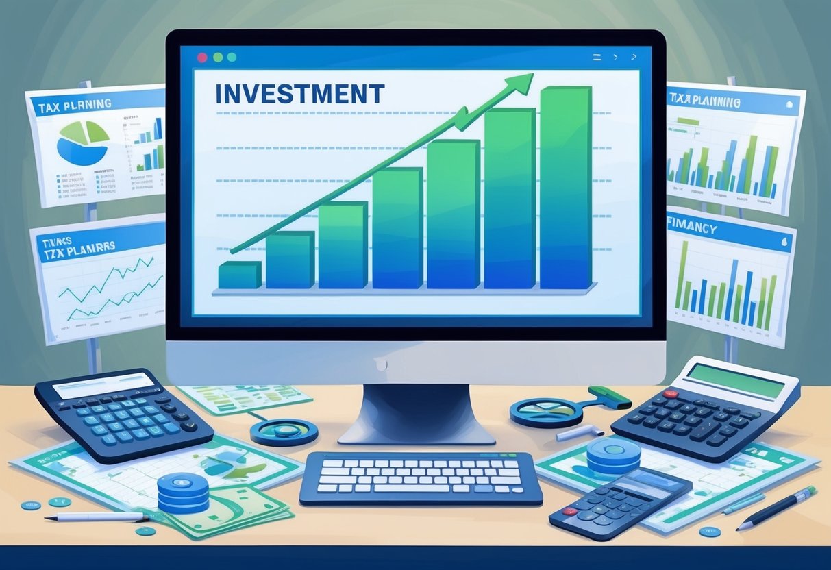 A computer screen displaying a graph of investment growth, surrounded by financial charts and tax planning tools